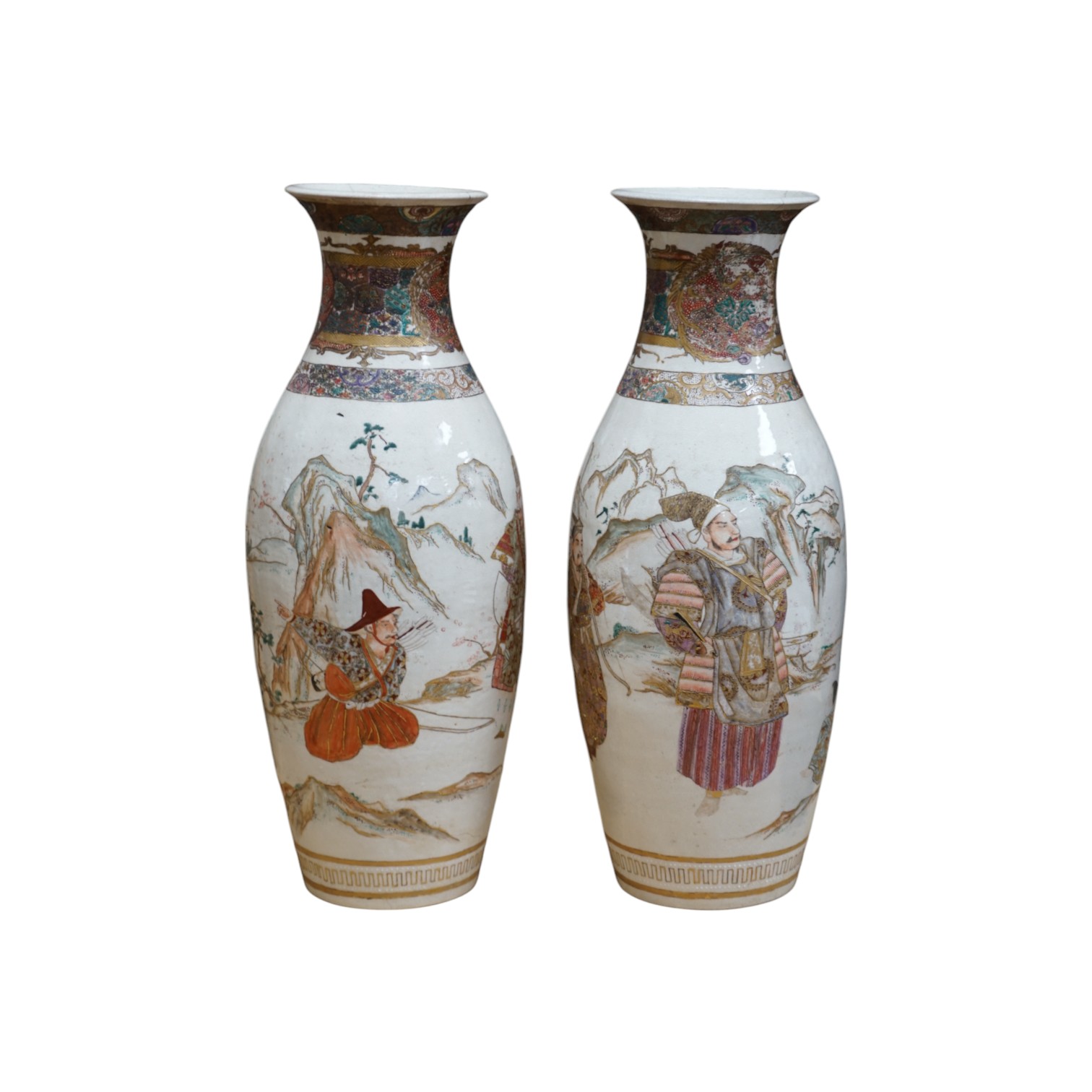 A pair of Japanese Satsuma ‘samurai’ vases, Meiji period, 40cm. Condition - poor to fair